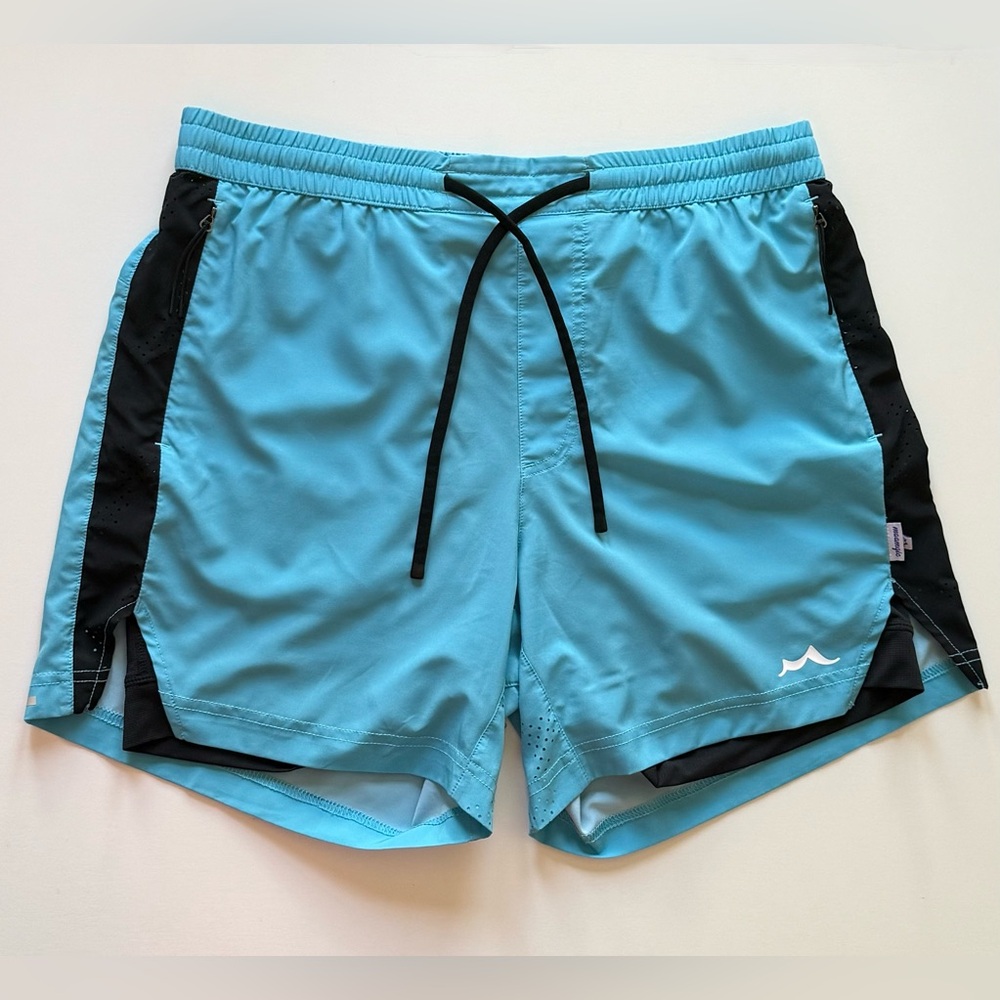 Maamgic Mens SplashyMix Ultra-light Gym Shorts, Aqua Blue w/ Black Trim - Size M
